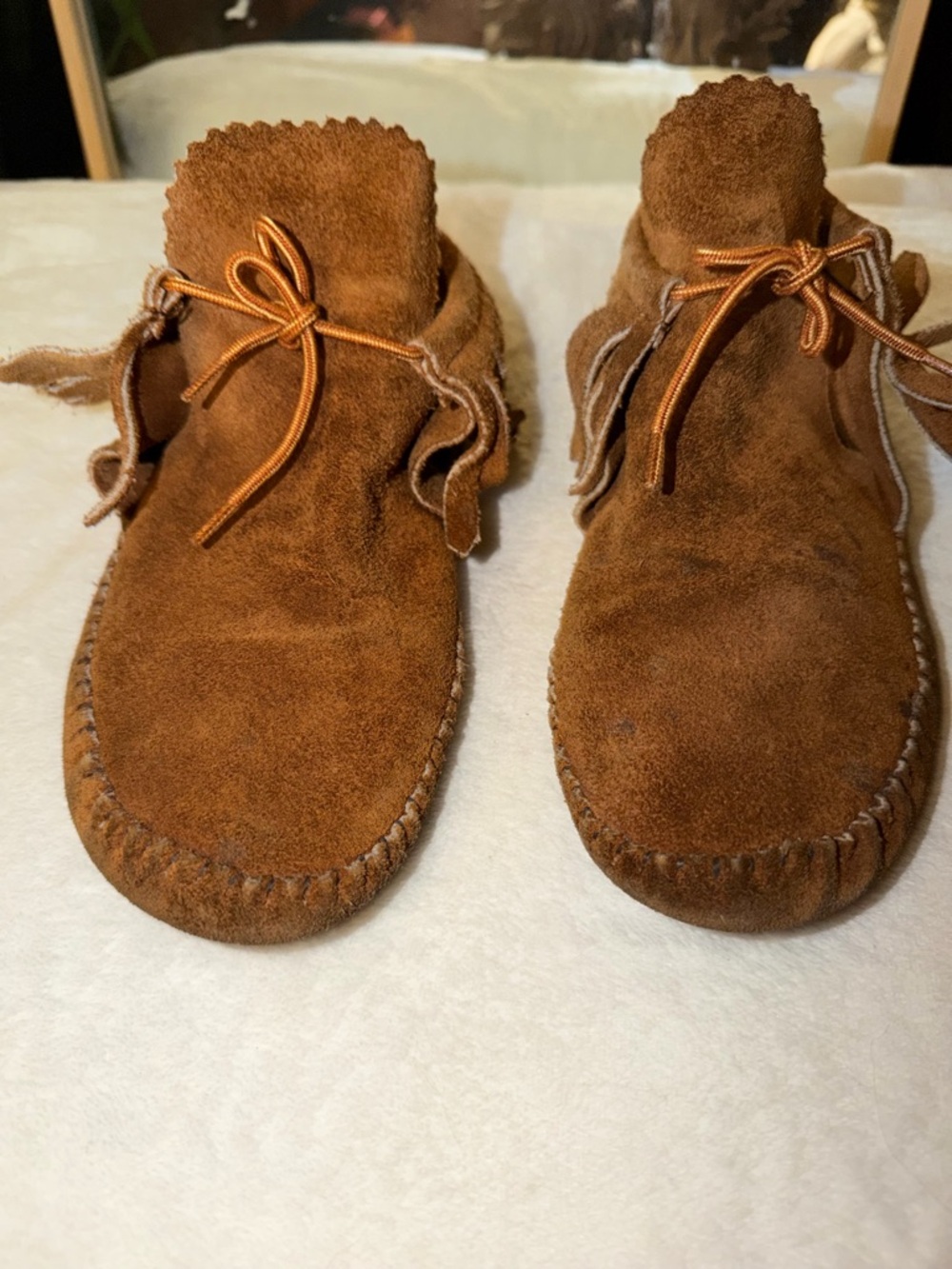 Taos Footwear Chestnut Suede Fringe Moccasin Ankle Boots
